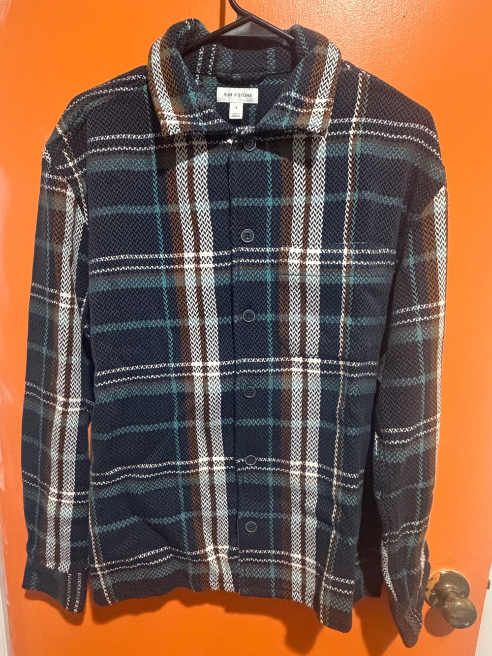 Sun + Stone Men's Plaid Shirt Jacket - Black, Teal & White